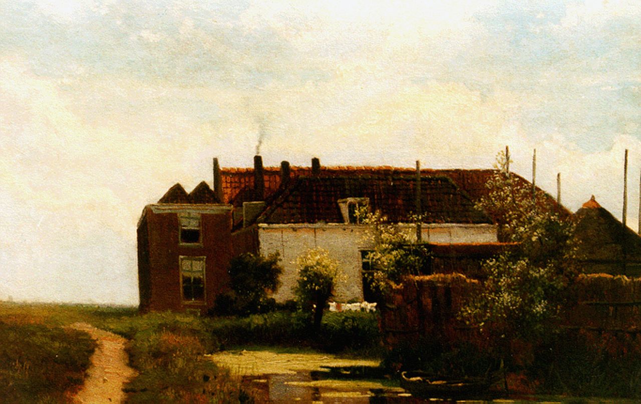 Weissenbruch H.J.  | Hendrik Johannes 'J.H.' Weissenbruch, A polder landscape with a farm along a waterway, paper on canvas 30.6 x 42.6 cm, signed l.r.