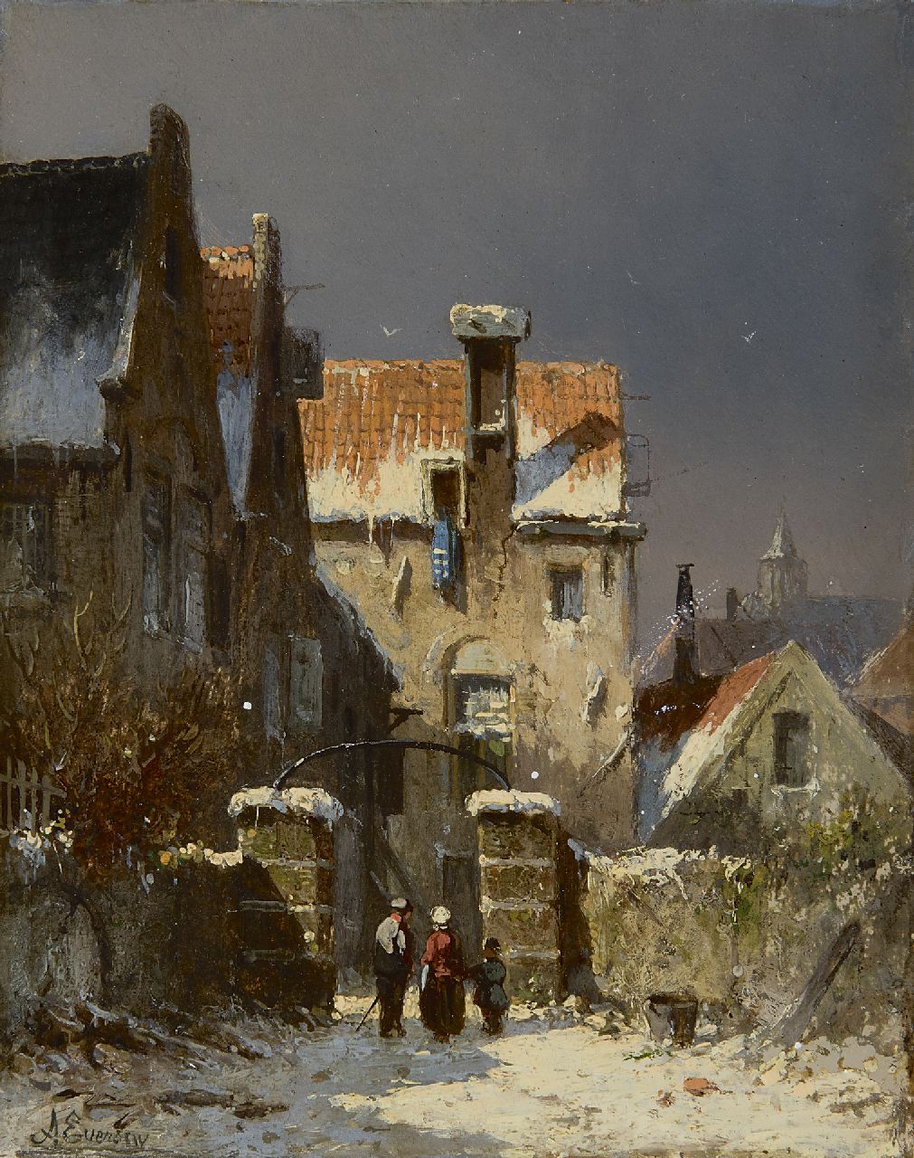 Eversen A.  | Adrianus Eversen, A town view in winter, oil on panel 19.0 x 15.1 cm, signed l.l.