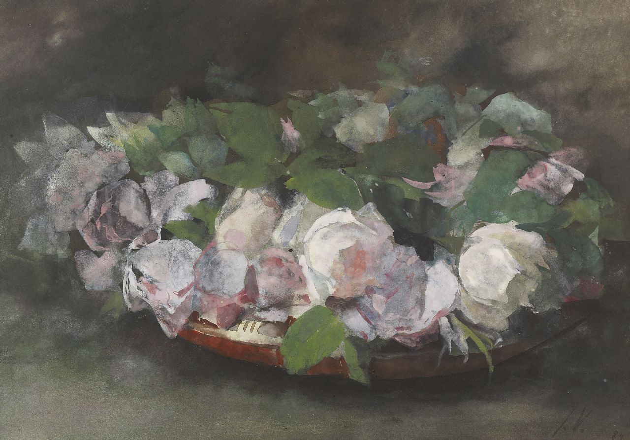 Voerman sr. J.  | Jan Voerman sr., Pink 'La France'-roses in a bowl, watercolour on paper 30.0 x 44.0 cm, signed l.r. with initials and dated '89