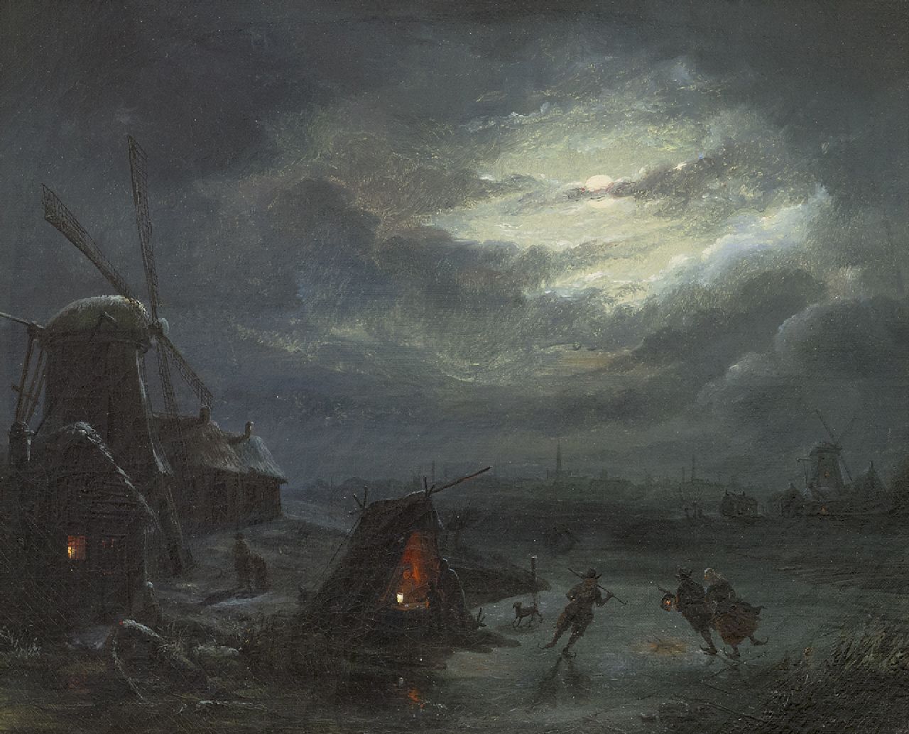 Tetar van Elven J.B.  | Jan 'Johannes' Baptist Tetar van Elven | Paintings offered for sale | Moonlit winter landscape with skaters, oil on canvas 27.3 x 33.6 cm, signed on the reverse