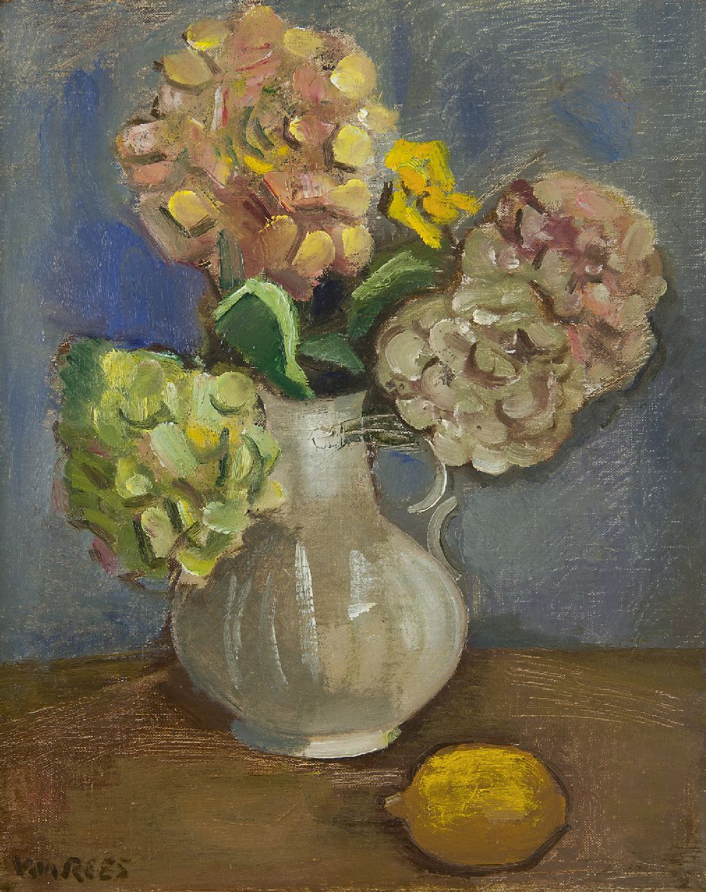 Rees O. van | Otto van Rees | Paintings offered for sale | Still life with hydrangea and a lemon, oil on canvas 50.5 x 40.5 cm, signed l.l.