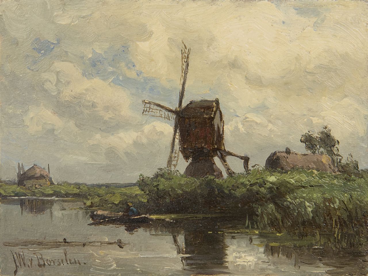 Borselen J.W. van | Jan Willem van Borselen, A windmill by the water, oil on panel 9.0 x 11.9 cm, signed l.l.