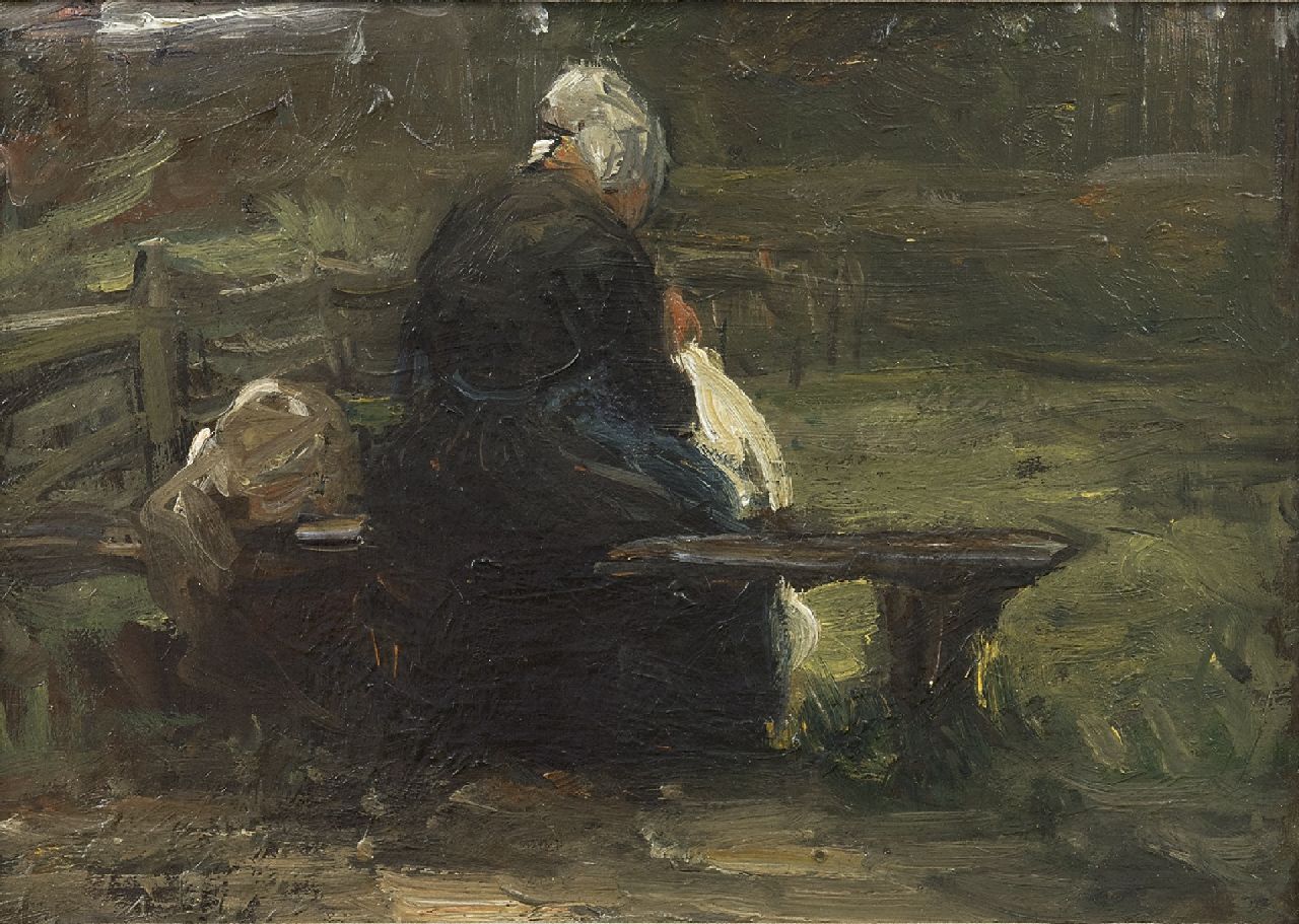 Blommers B.J.  | Bernardus Johannes 'Bernard' Blommers | Paintings offered for sale | A fisherman's wife on a bench, oil on canvas 25.0 x 35.1 cm