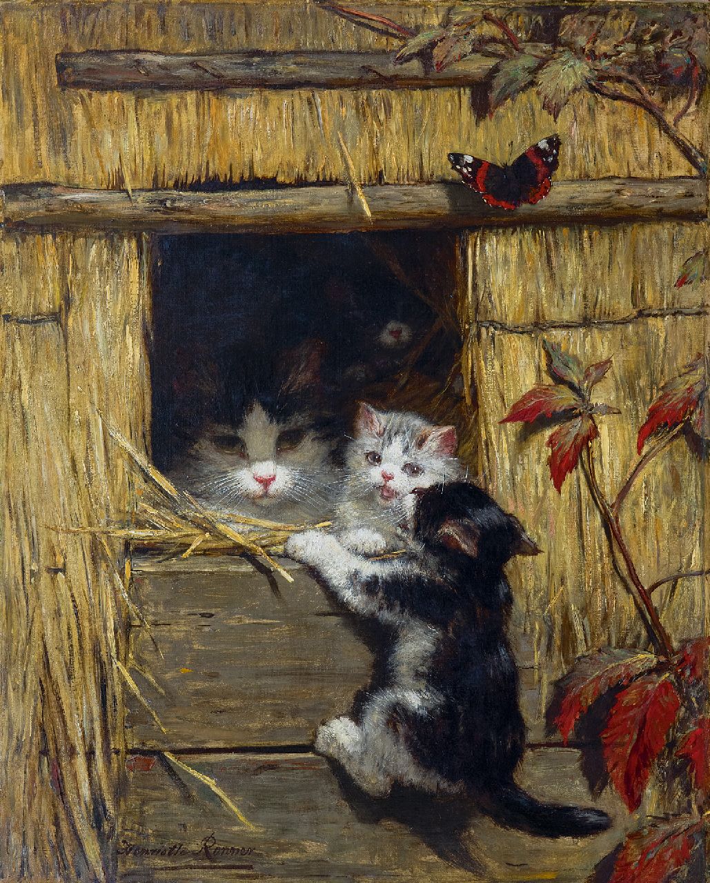 Ronner-Knip H.  | Henriette Ronner-Knip, A mother cat ant playing kittens, oil on canvas 60.5 x 48.5 cm, signed l.l.