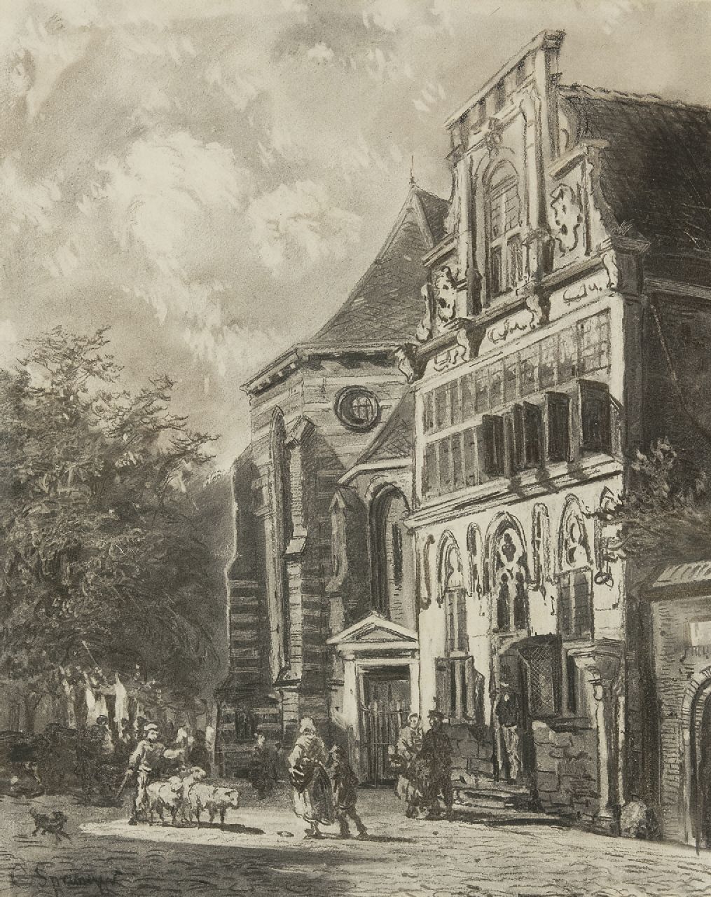 Springer C.  | Cornelis Springer, Stedehuys Woerden (museum now), charcoal on paper 48.5 x 39.5 cm, signed l.l. and painted ca. 1858