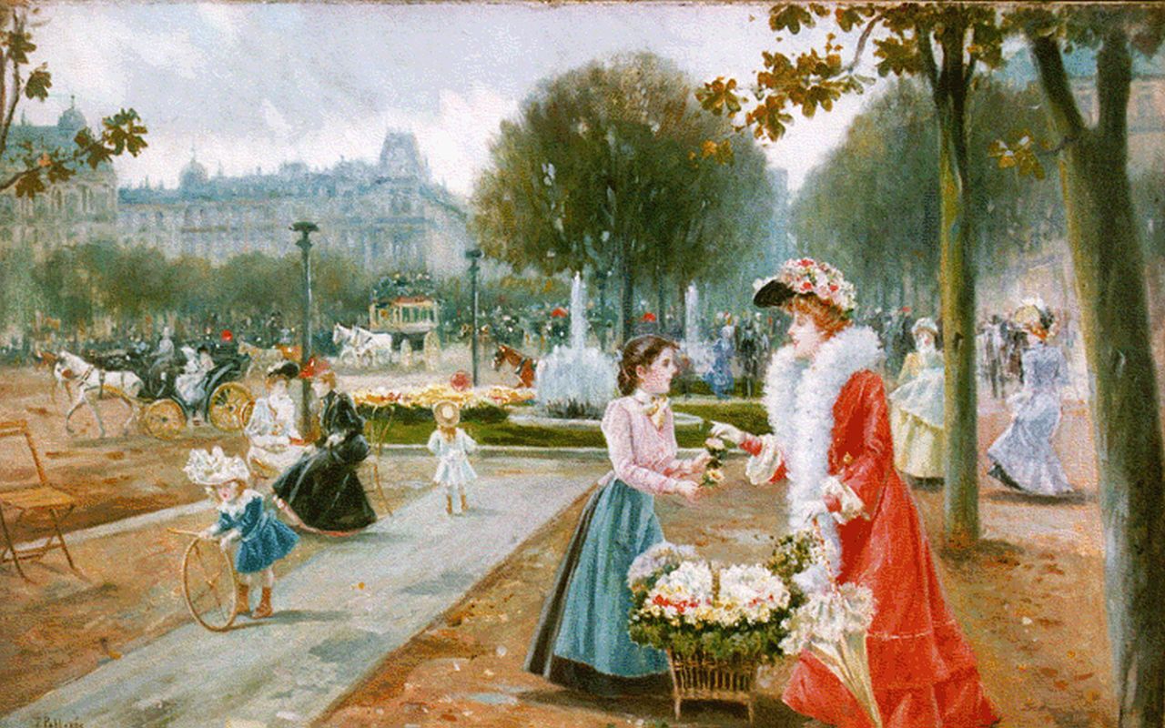 Pallarés y Allustante J.  | Joaquín Pallarés y Allustante, A flower market, Paris, oil on canvas 27.0 x 41.2 cm, signed l.l.