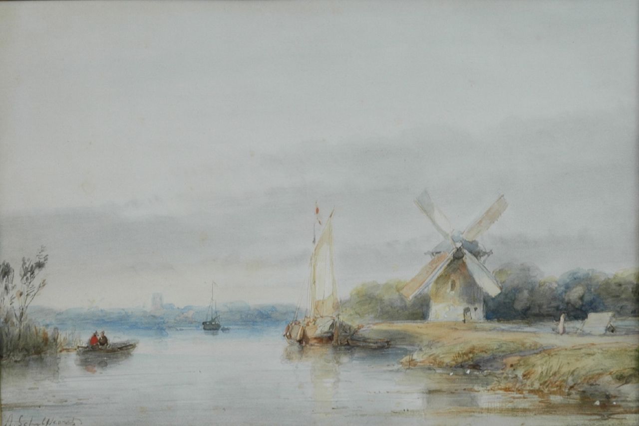 Schelfhout A.  | Andreas Schelfhout, A river landscape in summer, watercolour on paper 16.8 x 24.5 cm, signed l.l.
