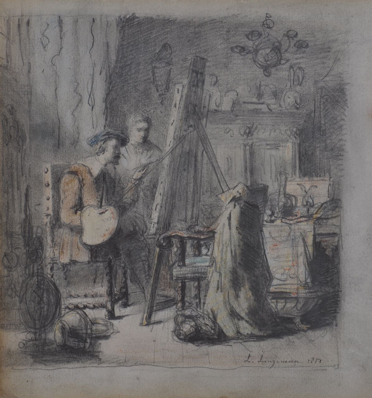 Lingeman L.  | Lambertus Lingeman | Watercolours and drawings offered for sale | Artist in his studio (probably Rembrandt), pencil and chalk on paper 22.4 x 20.8 cm, signed l.r. and dated 1852