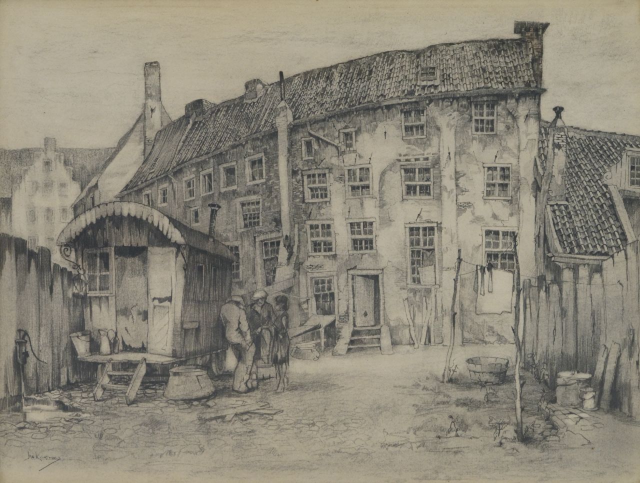 Jan Korthals | City wall houses in Amersfoort, drawing on paper, 46.0 x 56.0 cm, gesigneerd l.o.