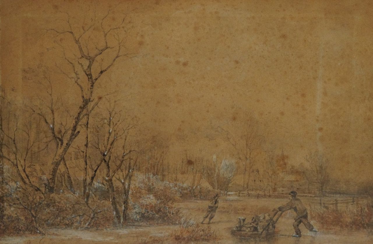 Breuhaus de Groot F.  | Frans Breuhaus de Groot, Winterscene with skaters, brush and Indian ink and watercolour on paper 19.2 x 28.9 cm, signed l.l. with initials