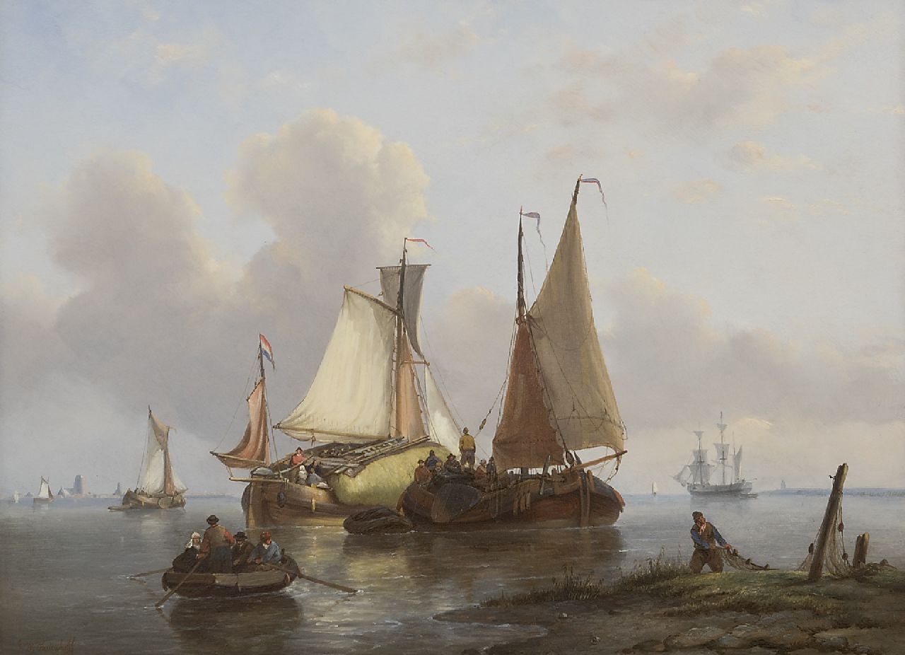 Opdenhoff G.W.  | Witzel 'George Willem' Opdenhoff, Cargo vessels sailing in a calm, oil on panel 38.8 x 53.1 cm, signed l.l.