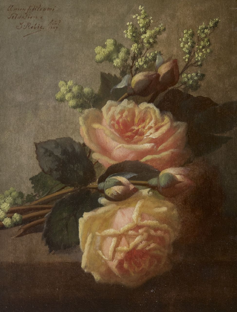 Jean-Baptiste Robie | Roses on a ledge, oil on panel, 36.3 x 27.0 cm, signed u.l. and dated 'Août' 1907