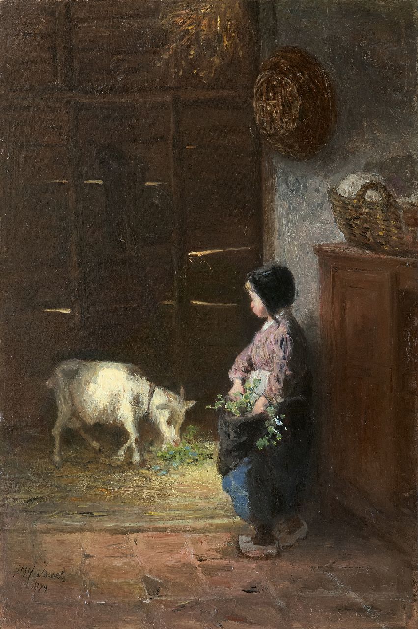 Israëls J.  | Jozef Israëls, Feeding the pet goat, oil on panel 50.0 x 33.6 cm, signed l.l. and dated 1879