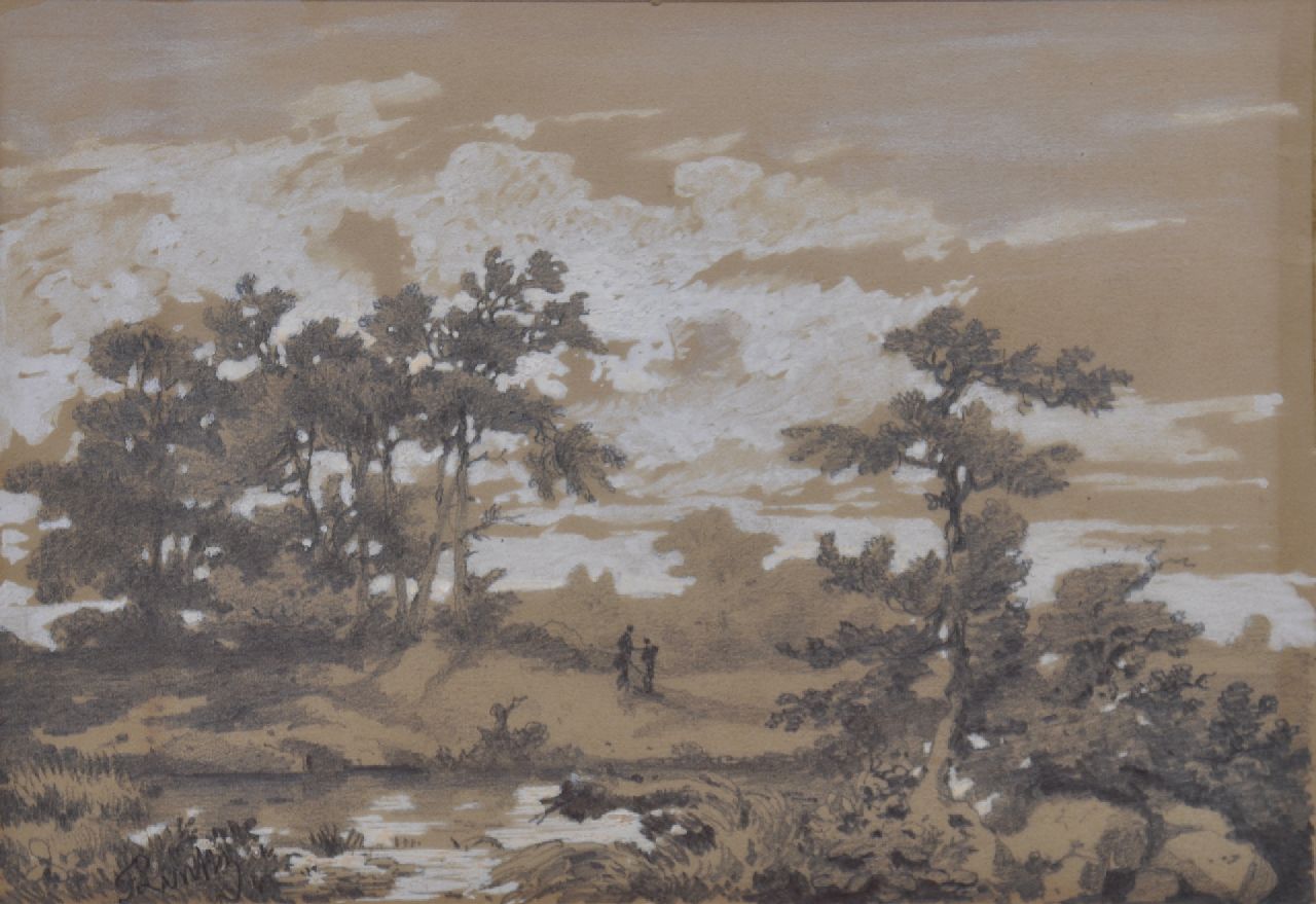 Lintz F.E.  | Ferdinand Ernst Lintz, Wooded landscape with figures, pencil and watercolour on coloured paper 13.3 x 18.8 cm, signed l.l.