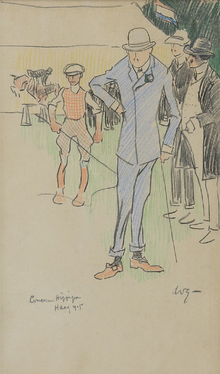 Sluiter J.W.  | Jan Willem 'Willy' Sluiter, On the  International Concours Hippique in The Hague, 1905, chalk on paper 32.7 x 19.0 cm, signed l.r. with initials and dated 1905