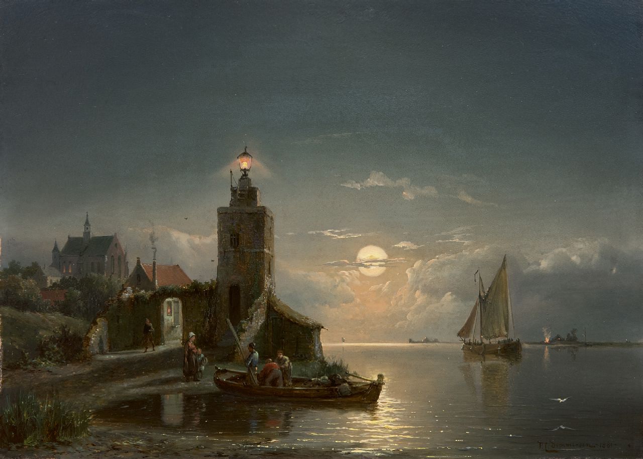 Dommershuijzen P.C.  | Pieter Cornelis Dommershuijzen, A lighthouse by night, oil on panel 27.4 x 38.0 cm, signed l.r. and dated 1881