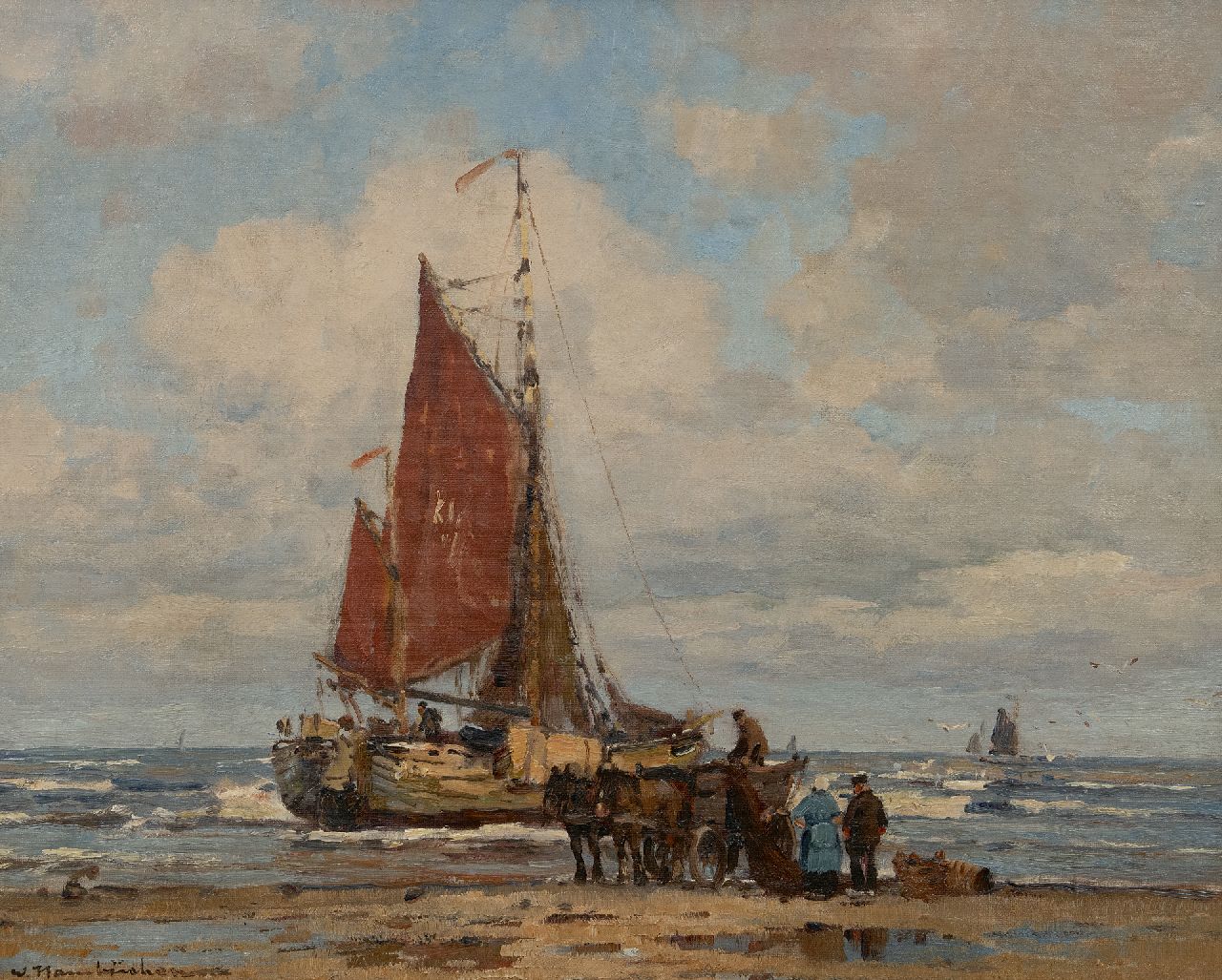 Hambüchen W.  | Wilhelm Hambüchen | Paintings offered for sale | Fishing vessel in the surf, Katwijk, oil on canvas 50.0 x 60.5 cm, signed l.l.
