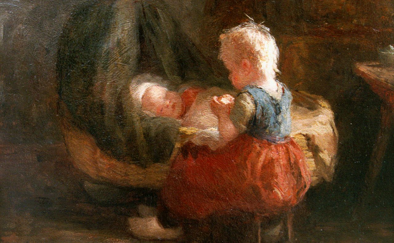 Pieters E.  | Evert Pieters, The new baby, oil on panel 26.2 x 36.0 cm, signed l.l.