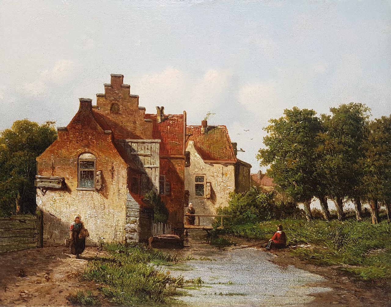 Pols D.  | D. Pols, A village stream with an angler, oil on panel 20.4 x 26.4 cm, signed l.r.