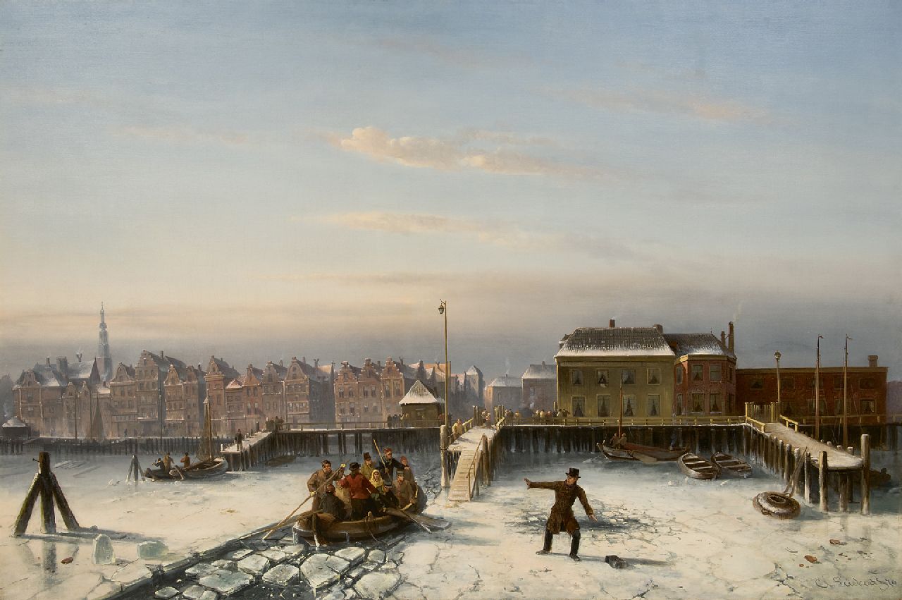 Leickert C.H.J.  | 'Charles' Henri Joseph Leickert, The IJ in winter, Amsterdam, oil on canvas 102.0 x 150.0 cm, signed l.r. and dated '70