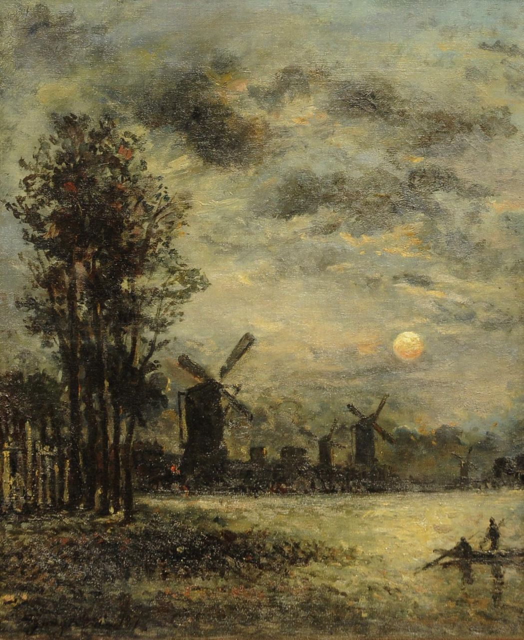Jongkind J.B.  | Johan Barthold Jongkind, Windmills along a river by moonlight, oil on canvas 46.3 x 38.8 cm, signed l.l. and dated 187(0)