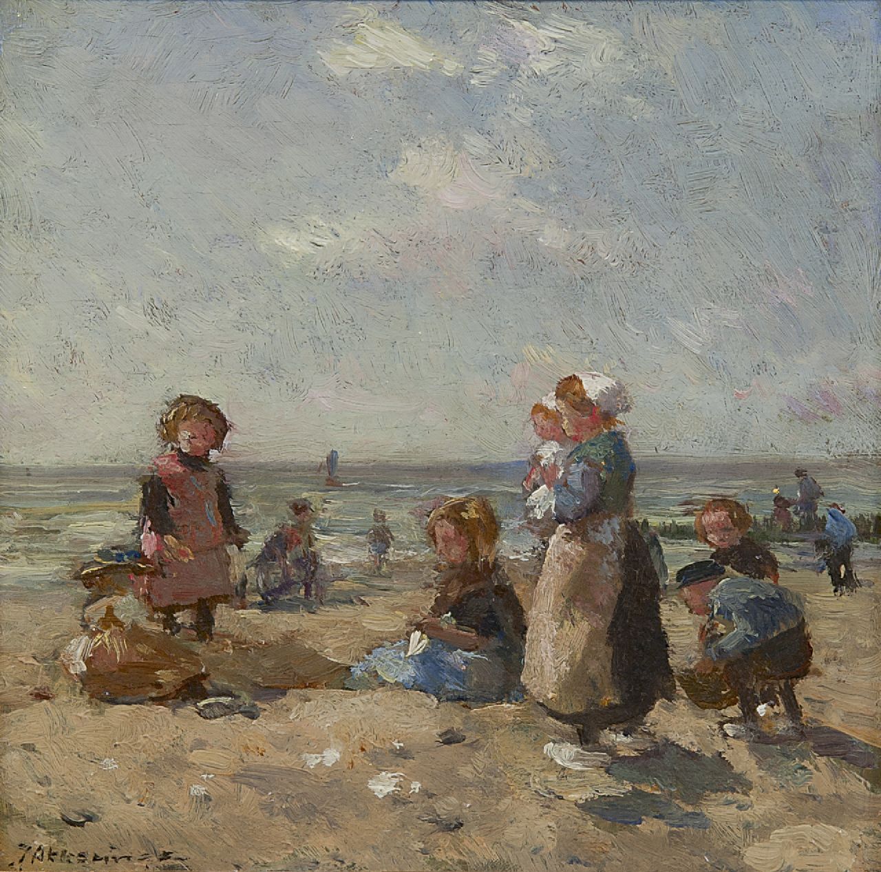 Akkeringa J.E.H.  | 'Johannes Evert' Hendrik Akkeringa, Children playing on the beach at Scheveningen, oil on panel 16.3 x 16.8 cm, signed l.l.