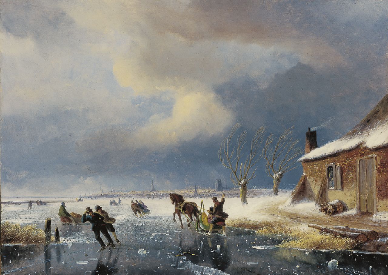 Roosenboom N.J.  | Nicolaas Johannes Roosenboom | Paintings offered for sale | Skaters on a frozen river at the outskirts of a town, oil on panel 36.1 x 50.0 cm, signed l.r.