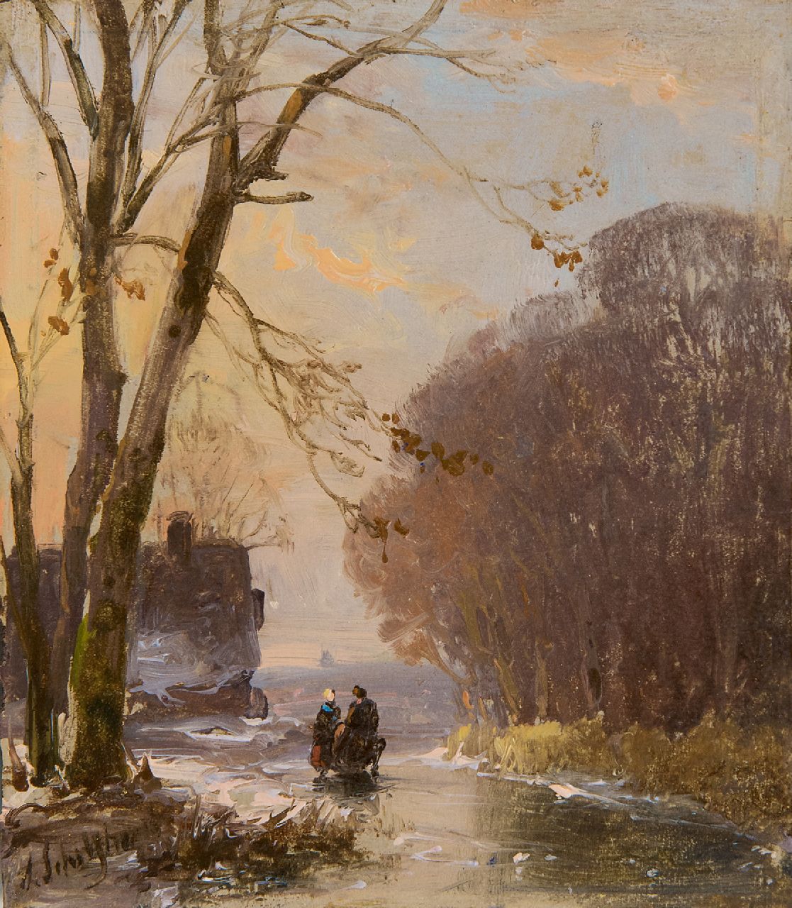 Schelfhout A.  | Andreas Schelfhout, Land folk on a frozen waterway, oil on panel 10.6 x 9.3 cm, signed l.l.