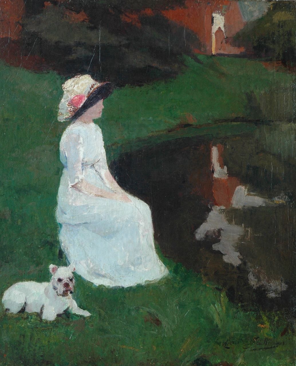 Stiellemans H.V.  | Henri Victor Stiellemans | Paintings offered for sale | Lady with a bulldog in the park, oil on canvas 59.9 x 50.0 cm, signed l.r.