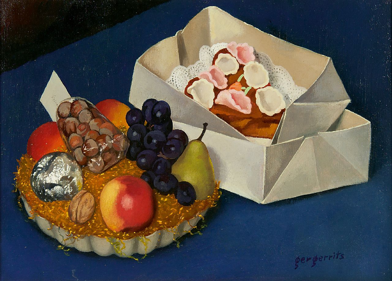 Gerrits G.J.  | Gerrit Jacobus 'Ger' Gerrits | Paintings offered for sale | Still life with a fruit basket and cake, oil on canvas 36.2 x 50.2 cm, signed l.r. and painted in May 1944