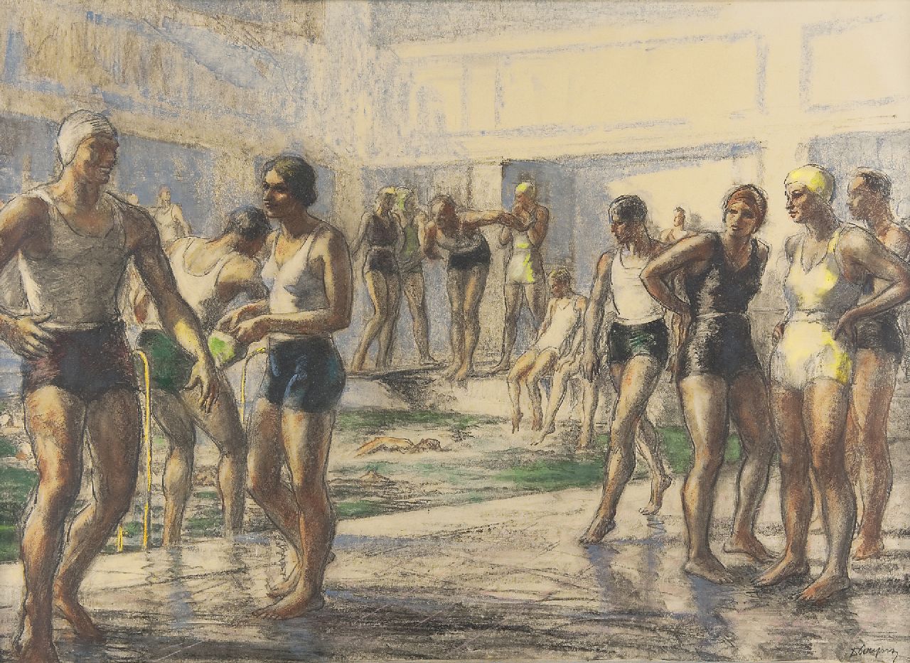 Piryns D.  | Désiré Piryns, At the swimming pool, chalk on paper 51.0 x 73.0 cm, signed l.r. and painted in the 1930s