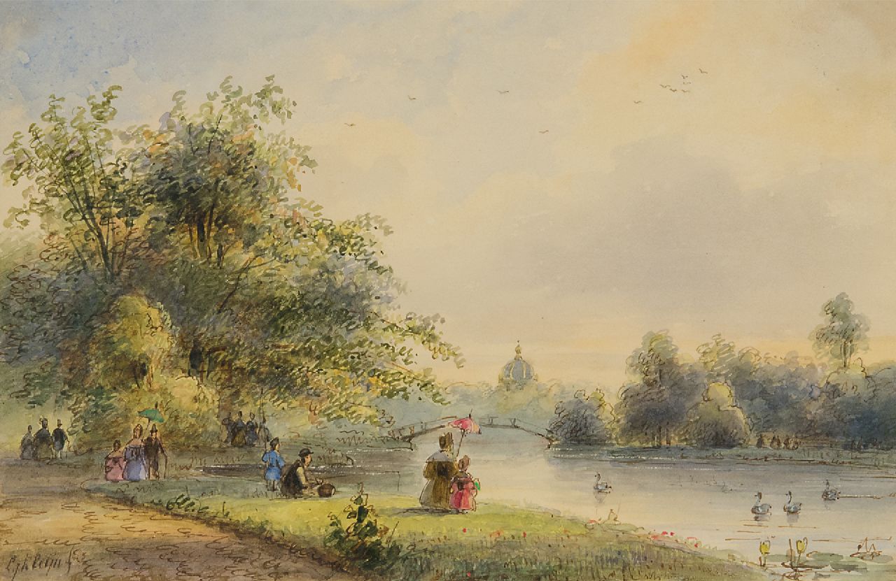 Kleijn L.J.  | Lodewijk Johannes Kleijn | Watercolours and drawings offered for sale | Figures near the pond of Huis ten Bosch in The Hague, watercolour on paper 14.0 x 21.5 cm, signed l.l. and on the reverse