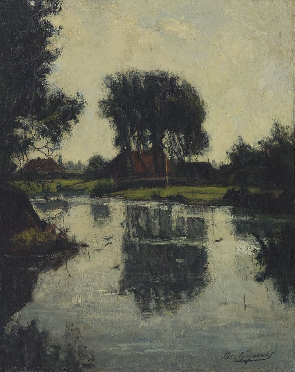 Wijngaerdt P.T. van | Petrus Theodorus 'Piet' van Wijngaerdt | Paintings offered for sale | A farm under trees along the water, oil on canvas 35.0 x 28.0 cm, signed l.r. and painted ca. 1908-1909