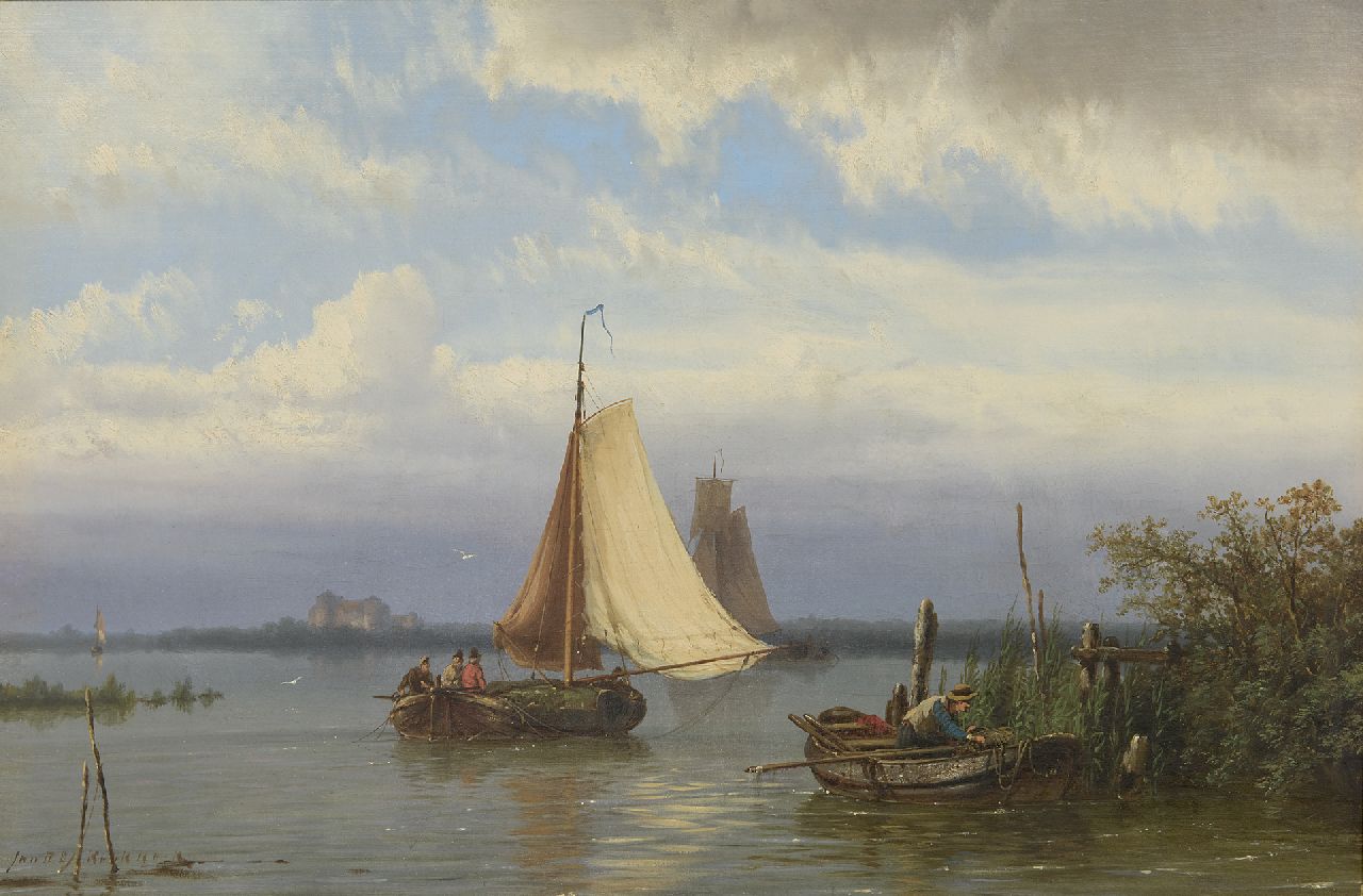 Koekkoek J.H.B.  | Johannes Hermanus Barend 'Jan H.B.' Koekkoek, Shipping on a river in a calm, oil on canvas 31.4 x 47.3 cm, signed l.l.