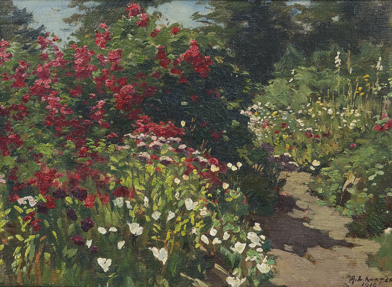Koster A.L.  | Anton Louis 'Anton L.' Koster, In the garden, oil on canvas laid down on panel 28.5 x 39.0 cm, signed l.r. and dated 1916