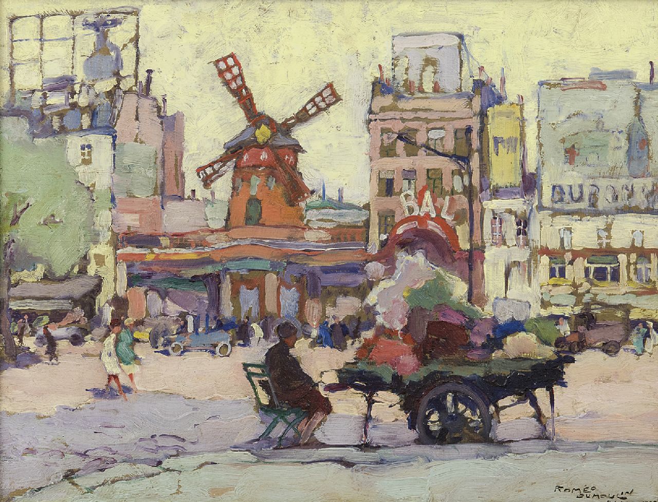 Dumoulin R.  | Roméo Dumoulin,  Place Blanche with the Moulin Rouge, Paris, oil on panel 26.9 x 34.8 cm, signed l.r. and dated 'Paris' 1927