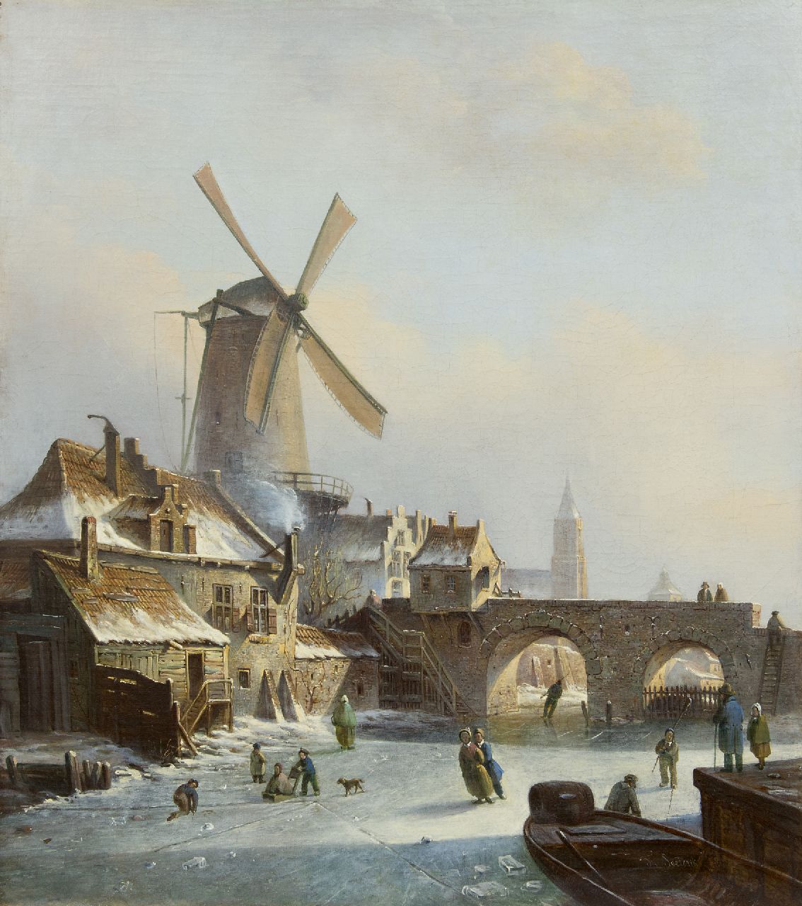 Soeterik T.  | Theodoor Soeterik, Skaters on a frozen outer canal near a mill, oil on canvas 67.0 x 59.7 cm, signed l.r.