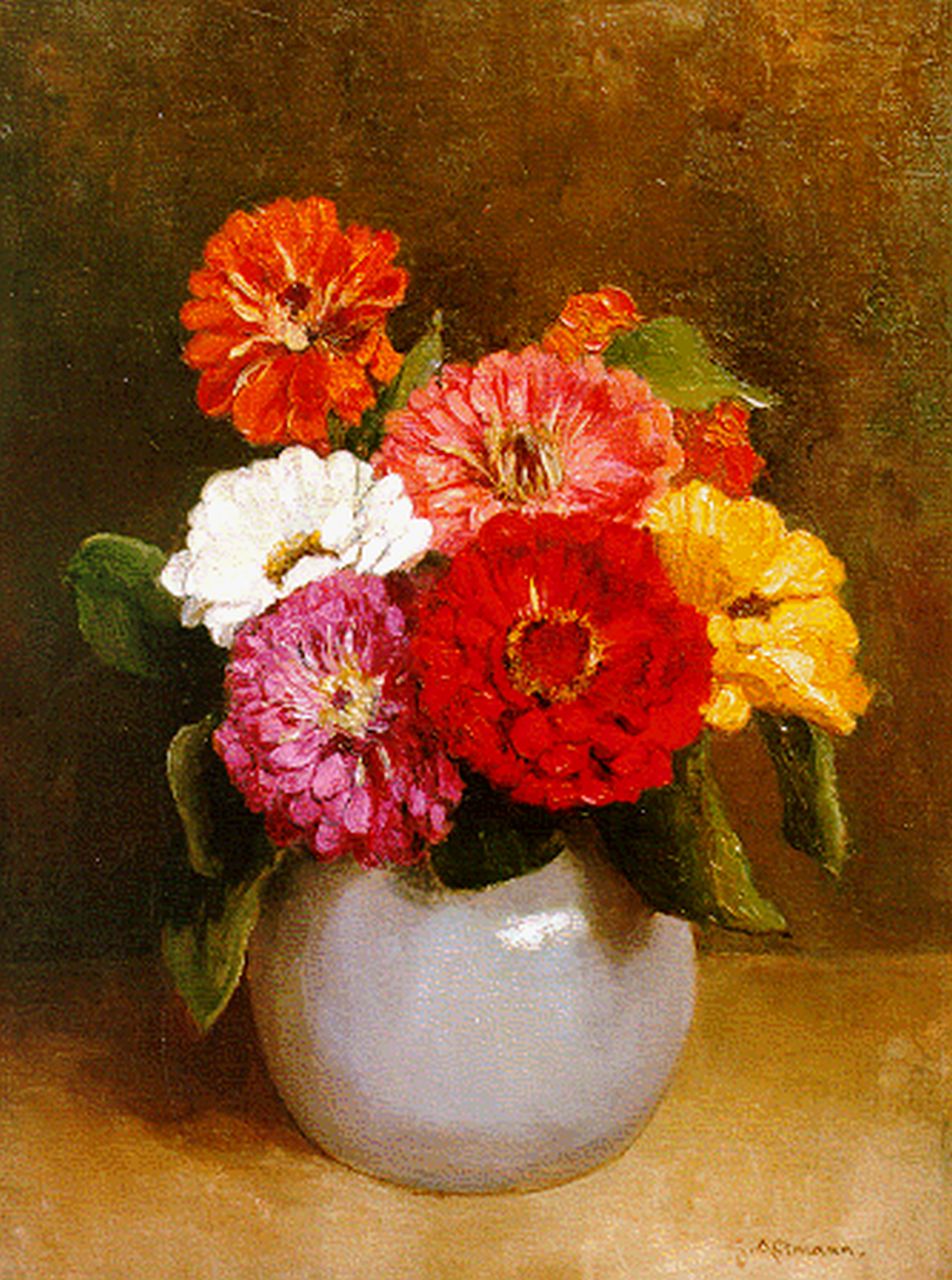 Altmann G.  | Gerard Altmann, Zinnias in a clay pot, oil on canvas 40.2 x 30.3 cm, signed l.r.