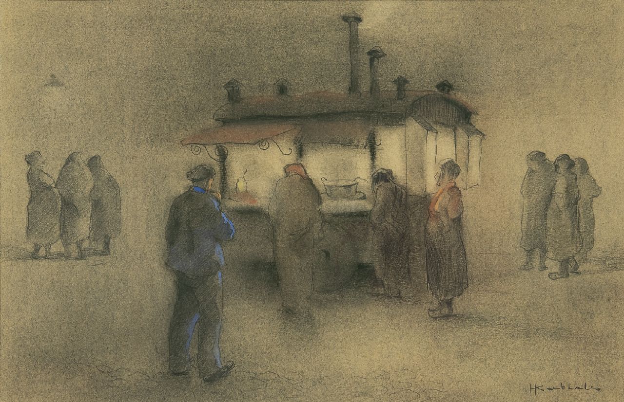 Jan Korthals | Buying french fries, pencil and chalk on paper, 29.3 x 39.5 cm, signed l.r.