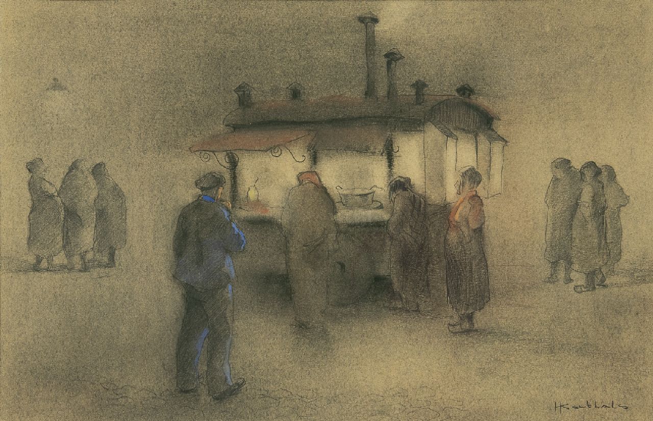 Korthals J.  | Johannes 'Jan' Korthals | Watercolours and drawings offered for sale | Buying french fries, pencil and chalk on paper 29.3 x 39.5 cm, signed l.r.