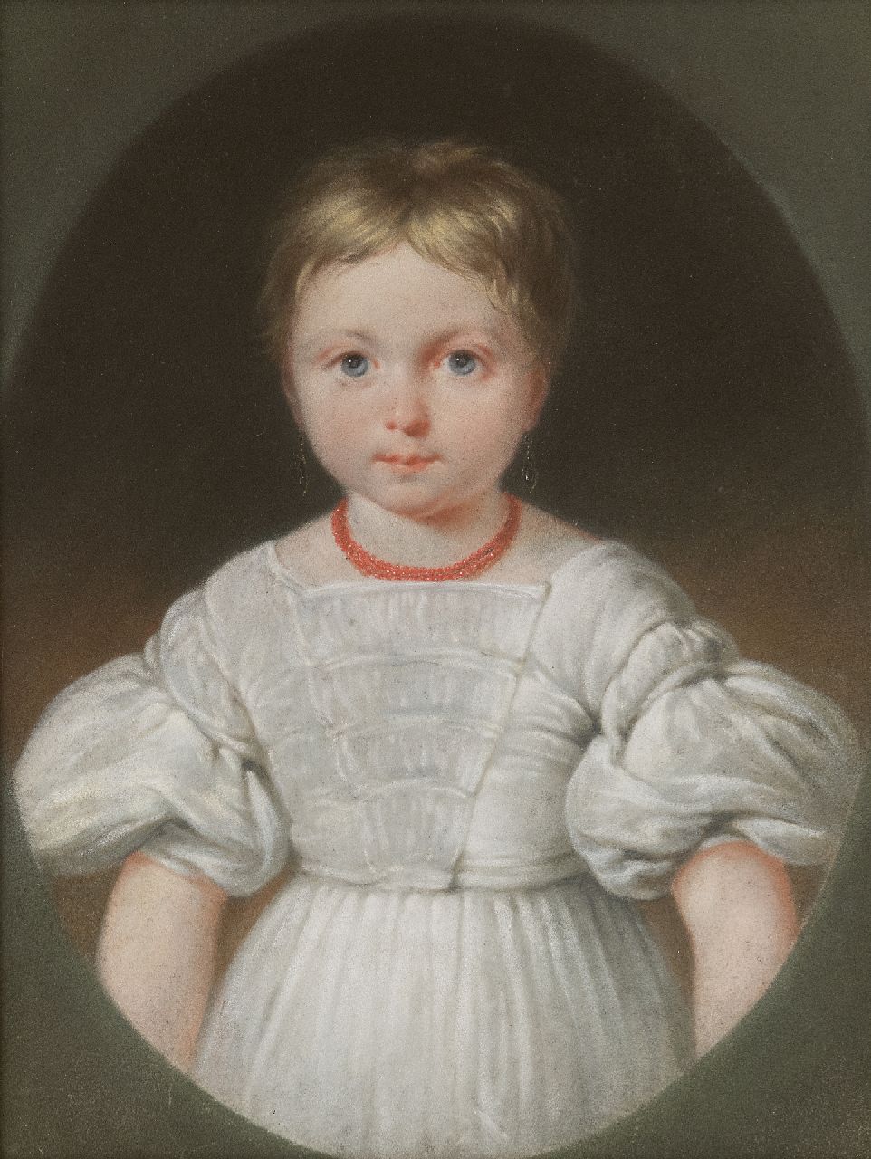 Daiwaille J.A.  | Jean Augustin Daiwaille | Watercolours and drawings offered for sale | Portrait of a girl in a white dress, presumably  Henriette Louise Engelman (1 from 4 portraits), pastel on paper 31.5 x 24.3 cm