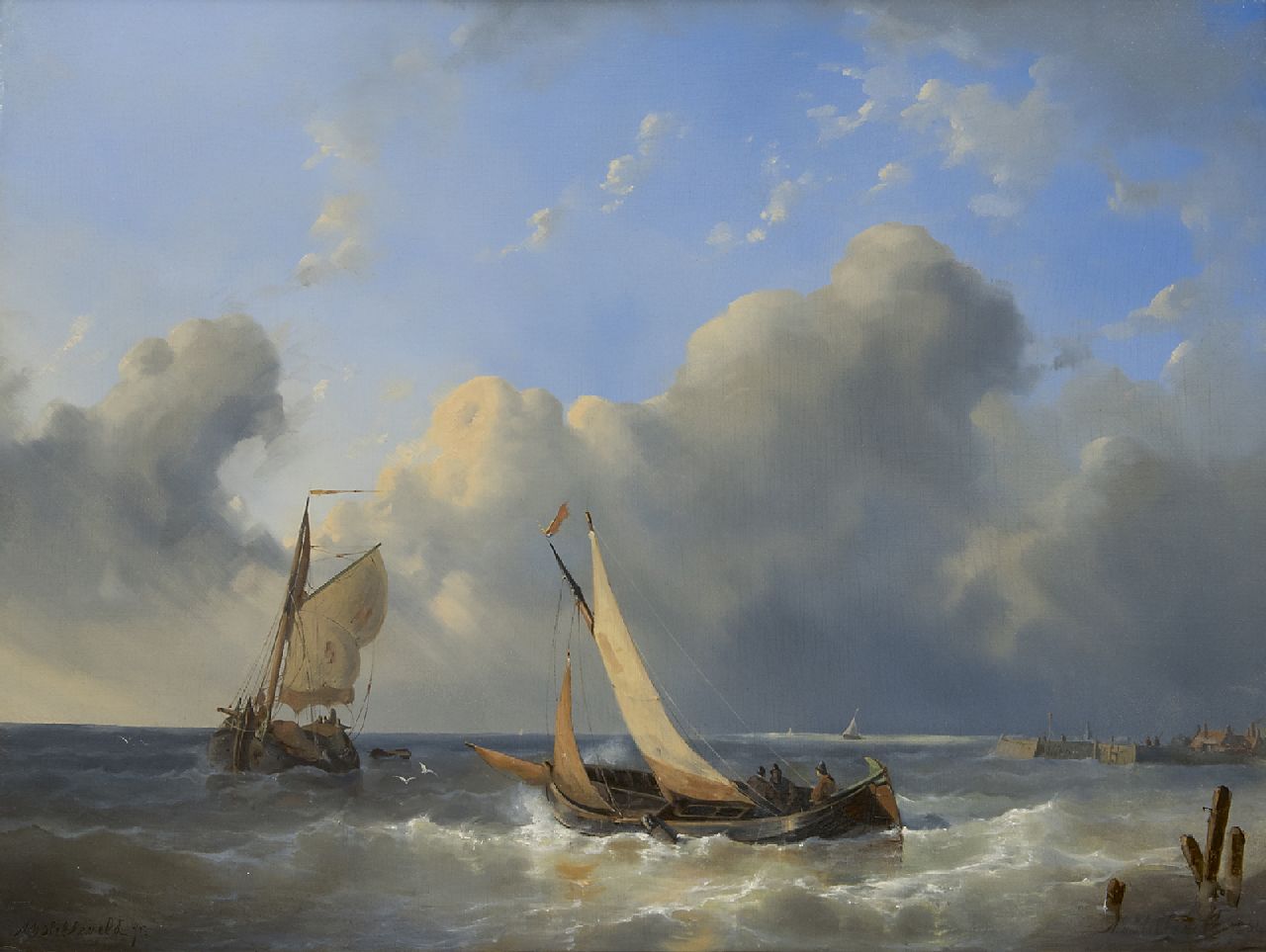 Hilleveld A.D.  | Adrianus David Hilleveld, Sailing vessels near the harbour entrance, oil on panel 42.5 x 56.5 cm, signed l.l. and l.r. and dated '54
