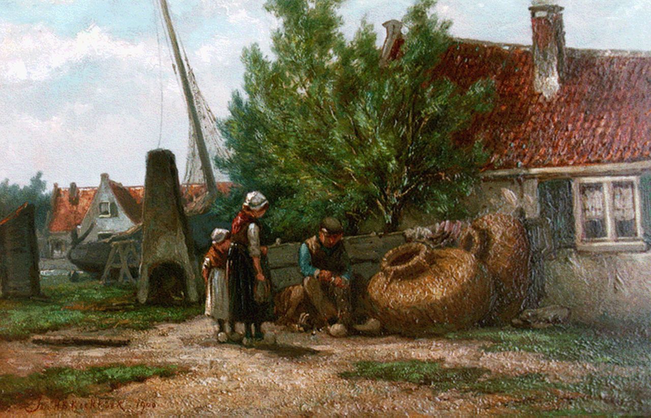 Koekkoek J.H.B.  | Johannes Hermanus Barend 'Jan H.B.' Koekkoek, Werfje met vissersgezin, oil on panel 31.7 x 48.0 cm, gesigneerd linksonder and gedateerd 1900