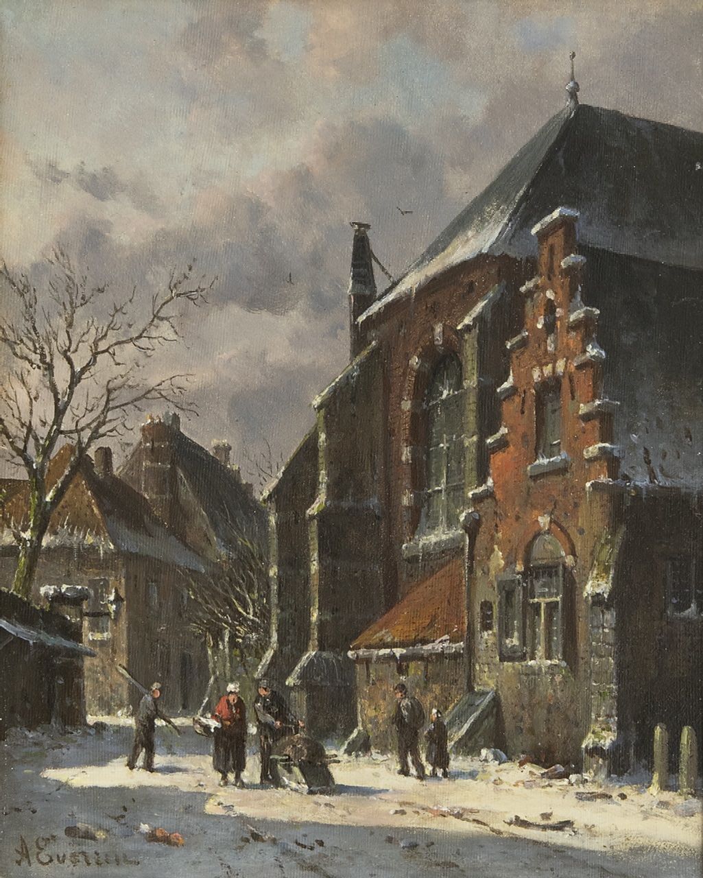 Eversen A.  | Adrianus Eversen, A town in winter with figures, oil on panel 25.0 x 19.5 cm, signed l.l.