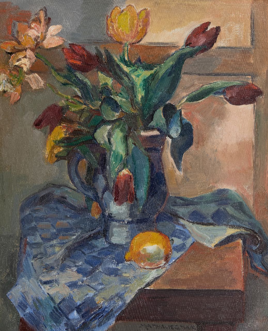 Wiegman M.J.M.  | Mattheus Johannes Marie 'Matthieu' Wiegman | Paintings offered for sale | A still life with tulips and a lemon, oil on canvas 61.4 x 50.1 cm, signed l.c.