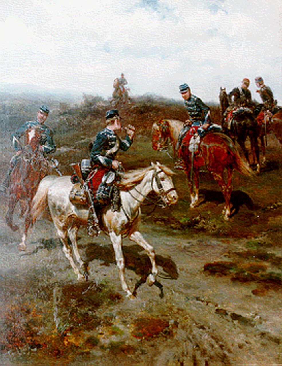 Koekkoek H.W.  | Hermanus Willem Koekkoek, Cavalry on the heath, oil on panel 46.0 x 36.3 cm, signed l.l.