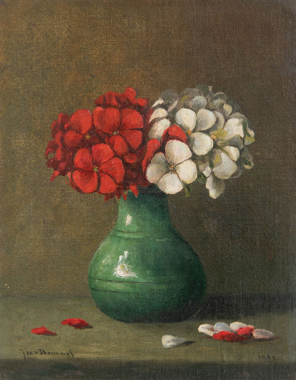 Bommel J.M. van | Jacobus Marinus van Bommel, Red and white geranium flowers in a vase, oil on canvas laid down on panel 23.0 x 18.1 cm, signed l.l. and dated 1917