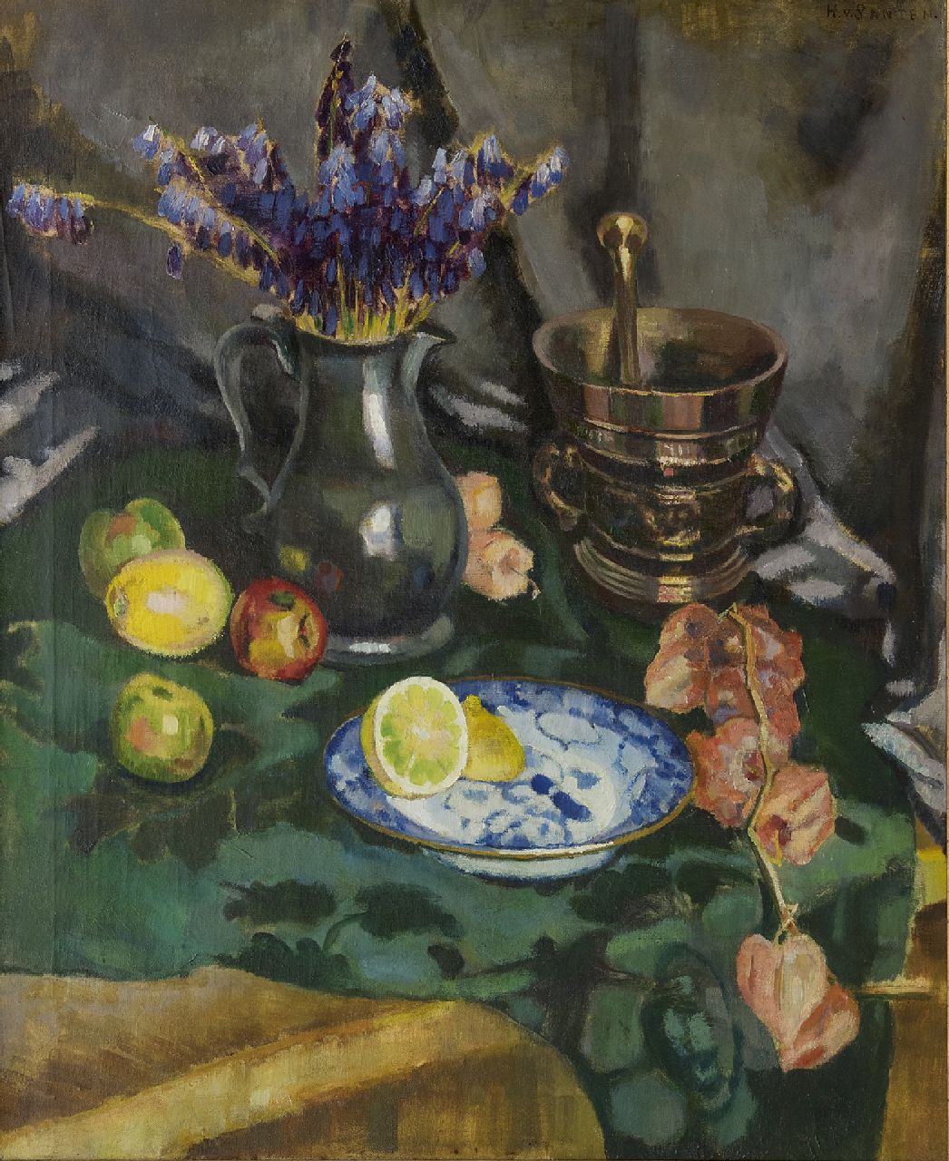 Santen A.J. van | Anna Jacoba 'Hans' van Santen, A still life with flowers, lemons and a mortar, oil on canvas 62.0 x 75.0 cm, signed u.r.