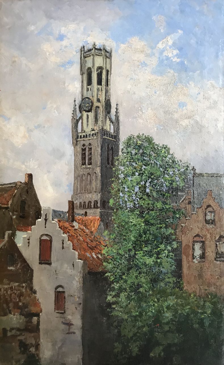 Belgische School, eerste helft 20e eeuw | A view in Bruges with the Belfort, oil on canvas, 91.0 x 56.9 cm, without frame