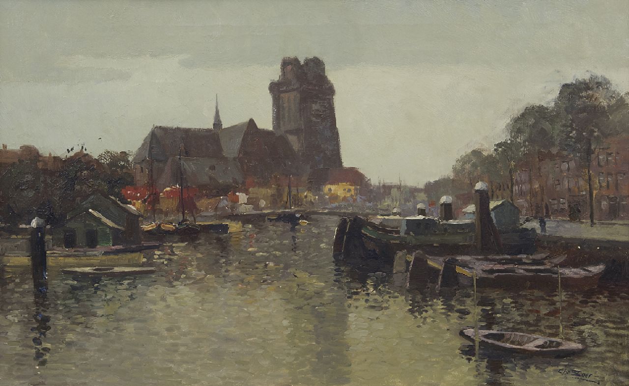 Soer C.  | Christiaan 'Chris' Soer, The Nieuwe Haven and the Grote Kerk, Dordrecht, oil on canvas 38.5 x 60.5 cm, signed l.r.